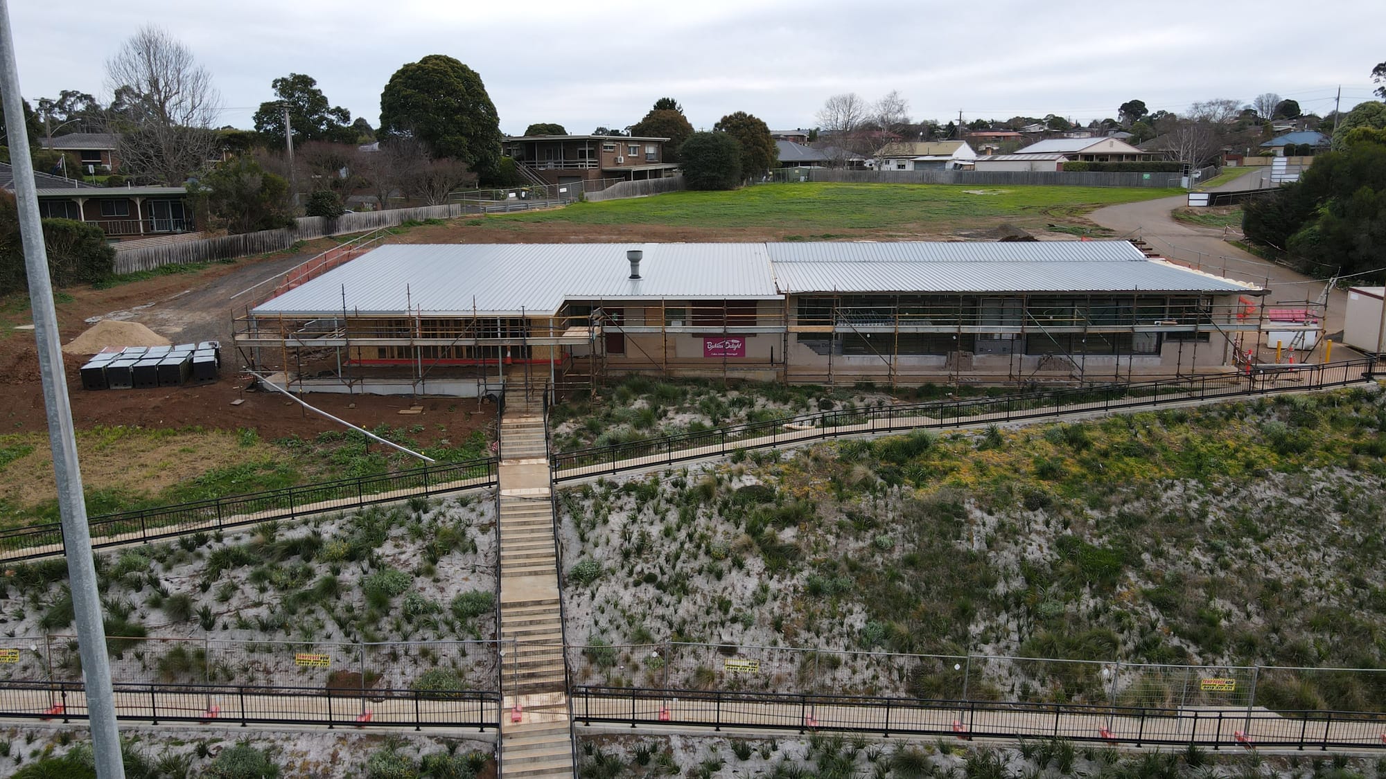 The frames and roof are completed as works progress on the $2.9 million soccer pavilion refurbishment at Baxter Park in Warragul.