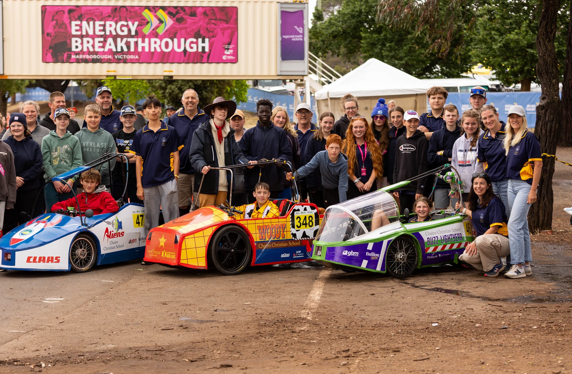 Chairo's three teams, supporters and staff members after again successfully completing the Energy Breakthrough competition with the energy efficient vehicles they developed,