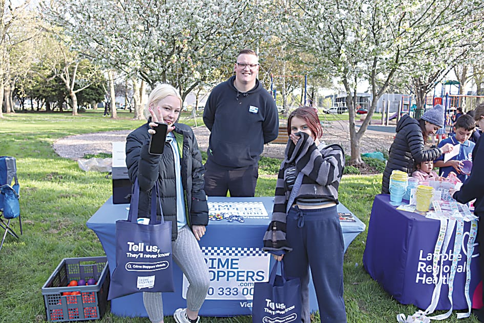 With Crimestoppers' Aiden Bloomfield are Warragul Regional College students Mickayla Berkelmans and Kira Pratt.