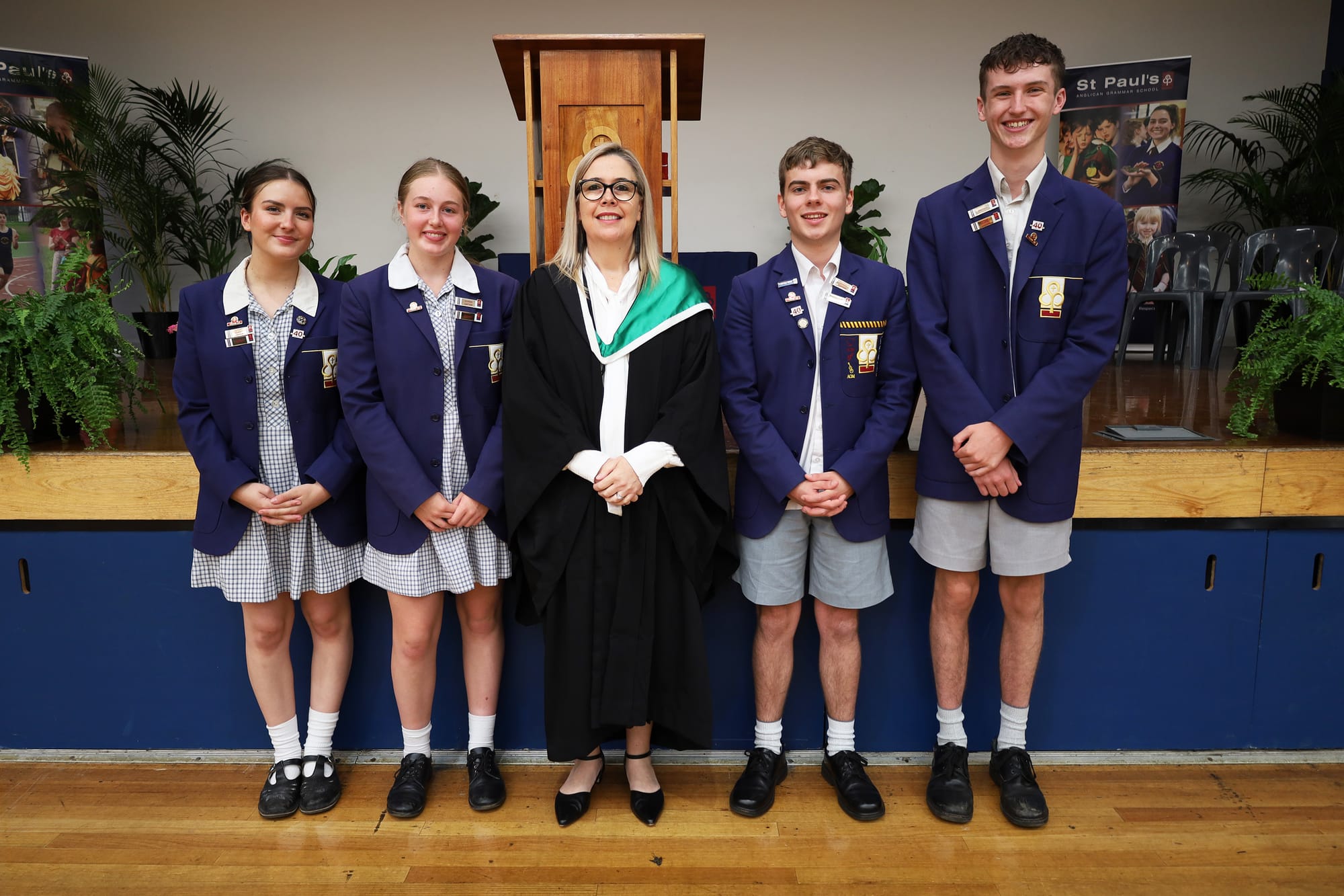 Lucinda Waller (Deputy Captain), Ruby Langham (School Captain), Debbie Cameron (Head of St Pauls Warragul Secondary School), Max OConnor (School Captain) and Joshua Ralph (Deputy Captain).