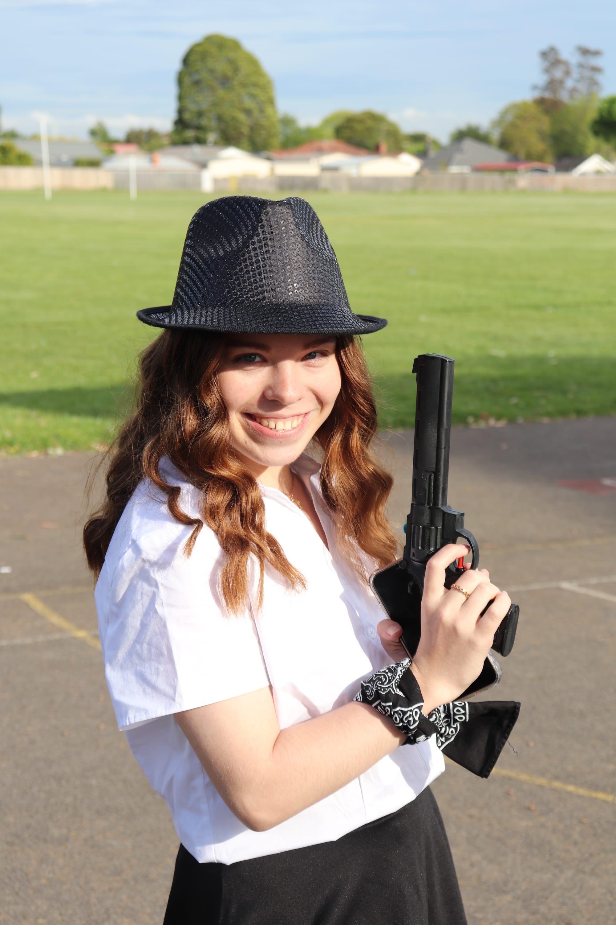 Darcy Seccombe dressed as a mobster.