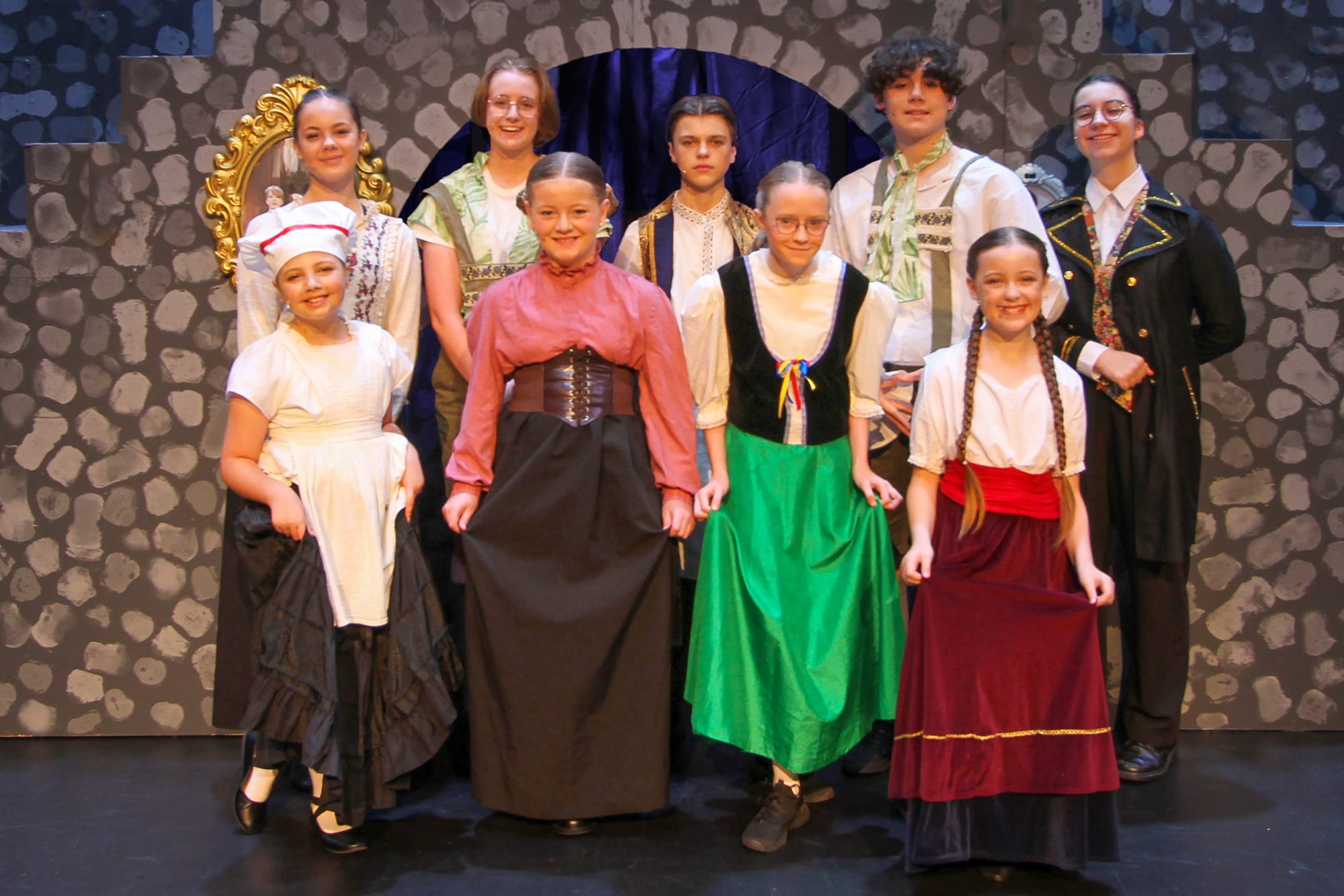 The show would not be possible without the strong ensemble. (back) Paige Fallon, Regina Brown, Ruben Nelson, Edwin Pappin and George Pergl-Tormai, (front) Joey Kiraly, Ivy Van der Heyden, Imogen Hutchison and Claudia Frendo