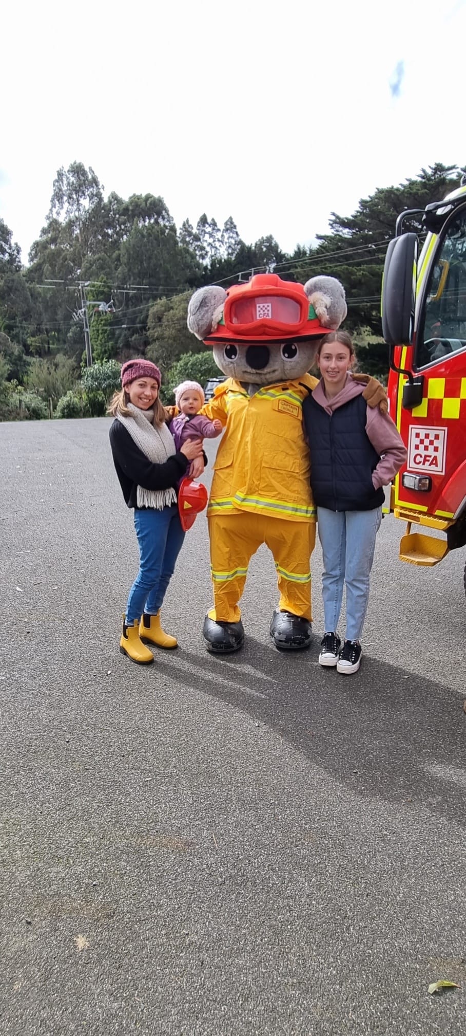 The CFA mascot Captain Koala won a new young fan - and a couple of older ones as well - when he arrived at the Tetoora Road community day.