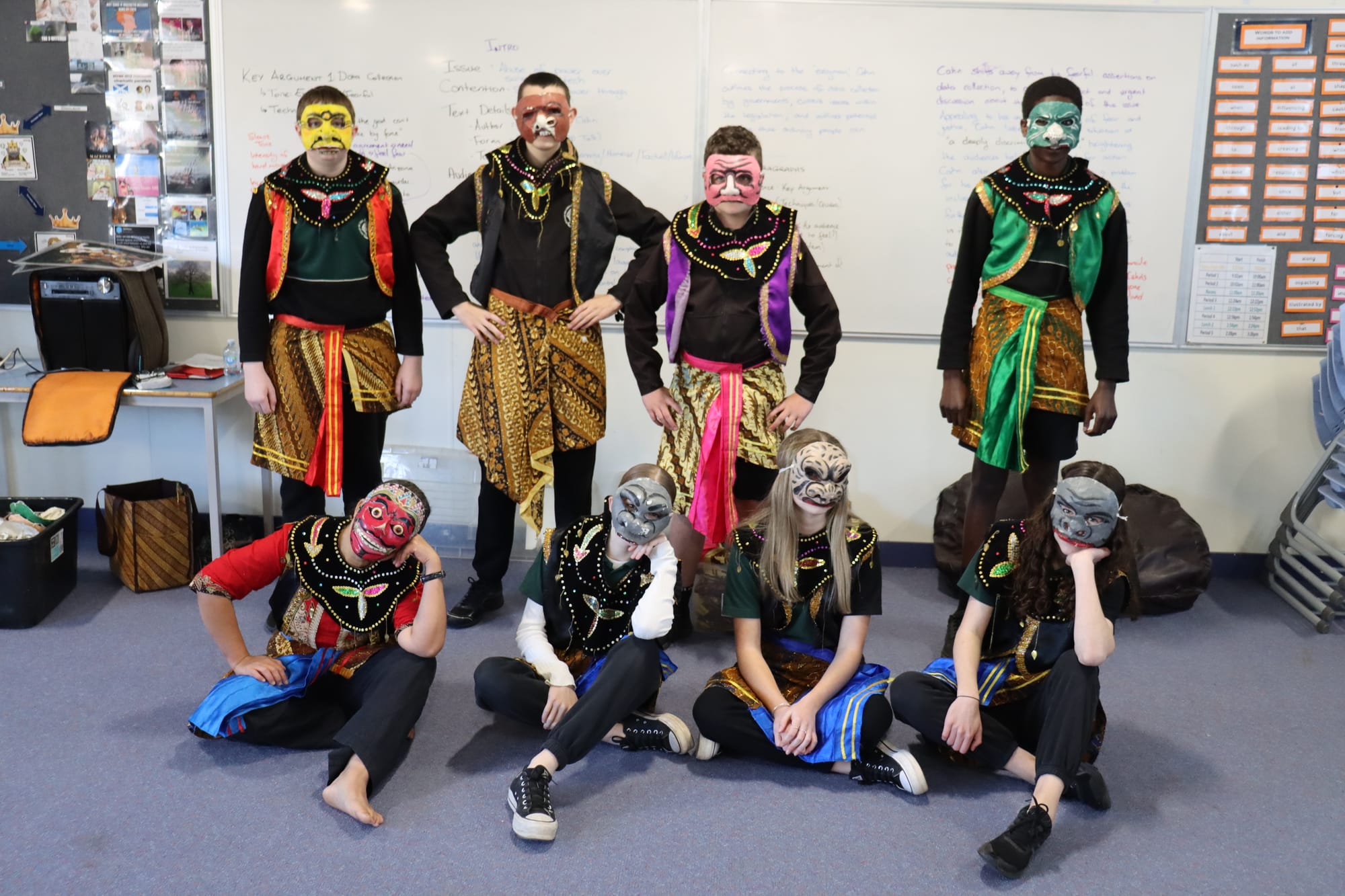 Students participating in a traditional Indonesian dance with full costumeBack (left to right) Rohan Sandford, Owen Landmeter, Lincoln Murphy and Josh IjiyeraFront (left to right) Instructor from Bagus Kan, Mia Rowley, Lillian Green and Ruby Bryant