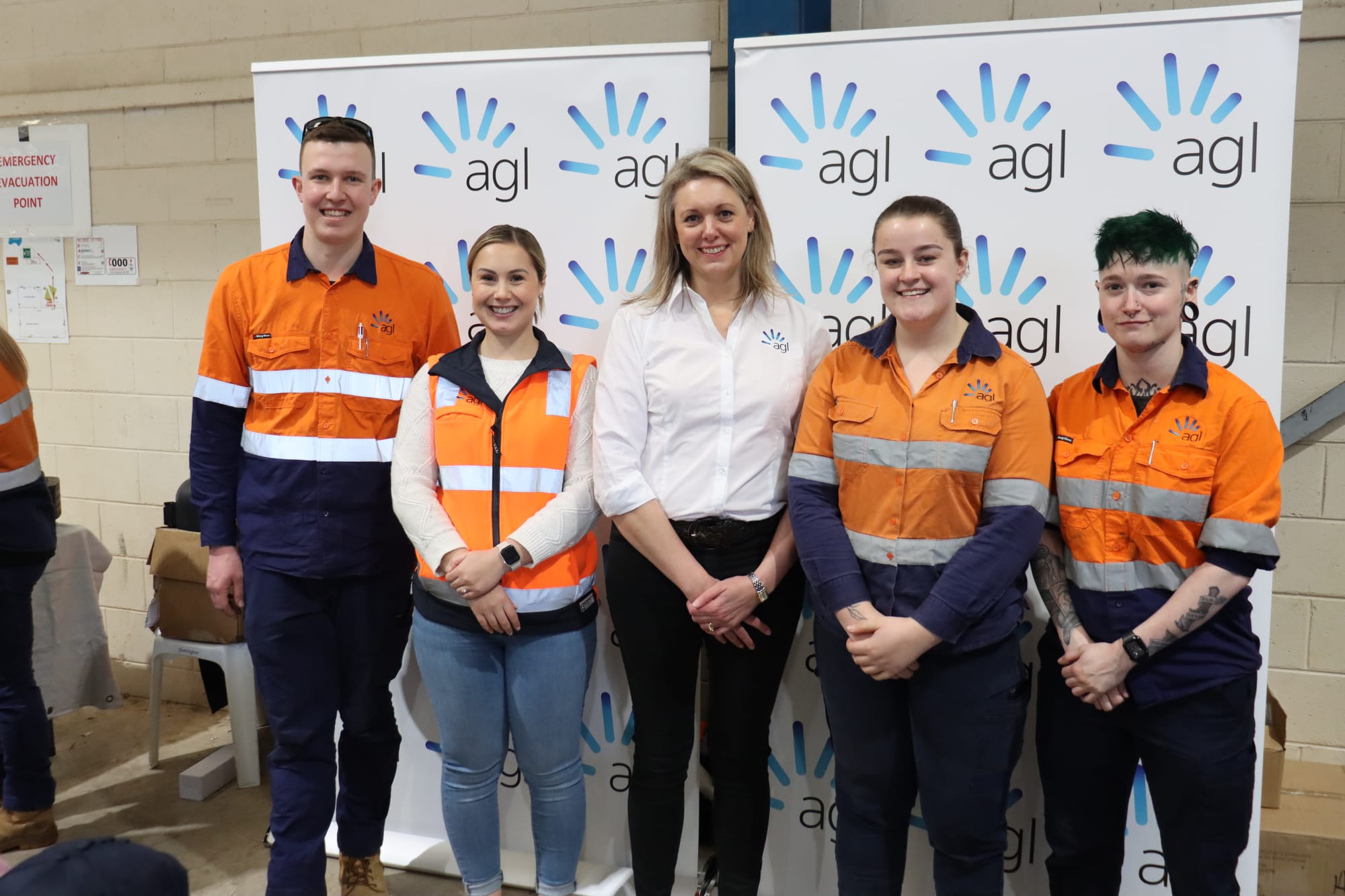 Representatives from AGL at the JobSkills Expo are (from left) Jake Wheatley (apprentice), Amee Hunter (corporate affairs), Jane Leslie (Senior Manager of stakeholder engagement), Dakota Alston (apprentice) and Tianna Shore (apprentice).