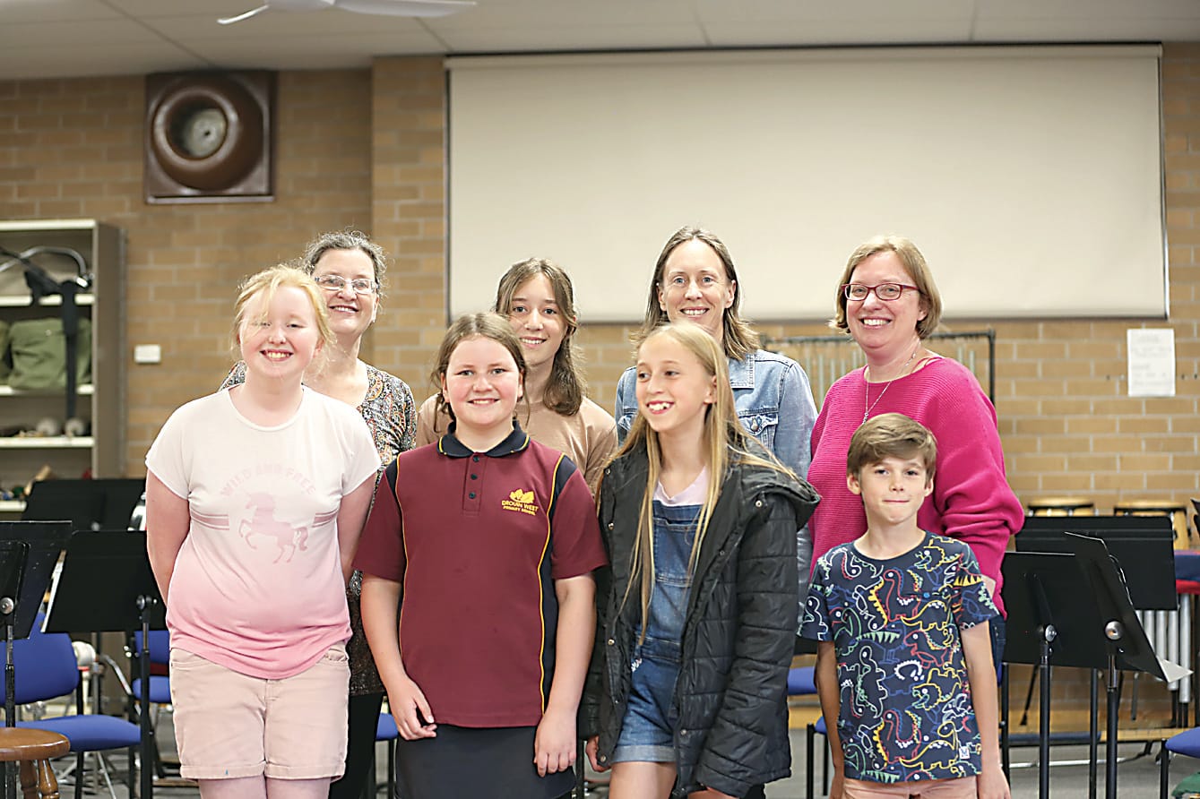 Left: Among the youngsters and senior band members involved in the Warragul Municipal Band's training program were, back row from left, teacher Emma Nicholson, Miriam Craig, Jo Craig, Sarah Lucas (band treasurer). At front, Alanna Lucas, Cerys Nicholson, Eleanor Craig and Angus Sim.