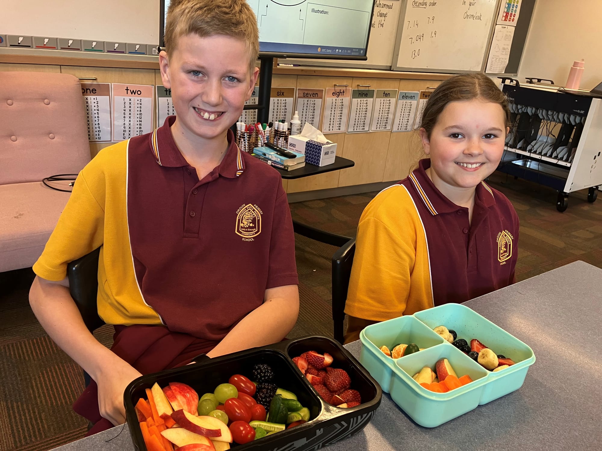 Grade five students Max and Sophie with their health food filled lunchboxes.