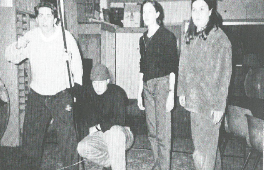 Gordon Oldham, Jon Peck, Rhiannon Barnes (McFarlane) and Julie Dawson having fun in the WRC drama club in 1997.