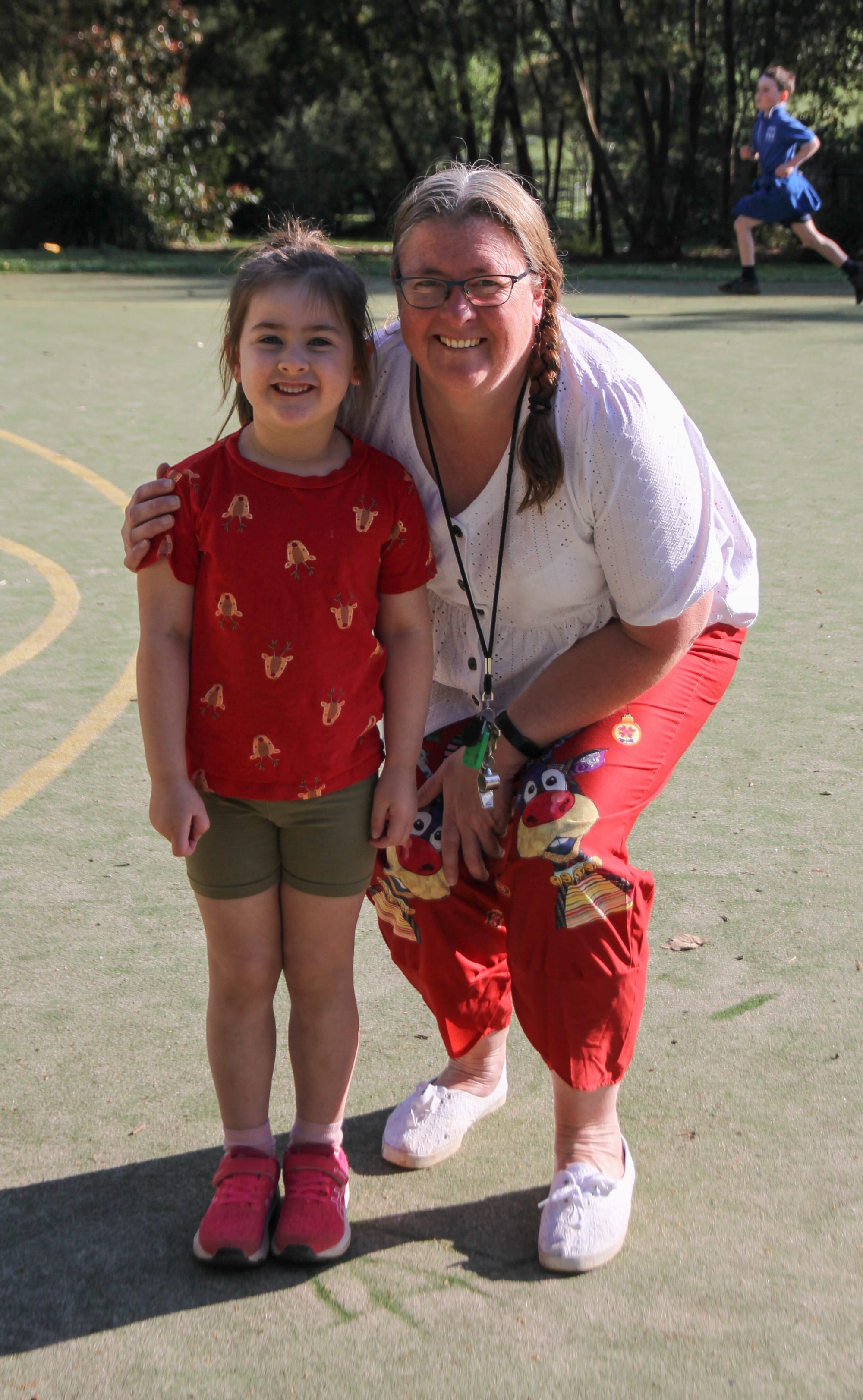 Amelia Squires and Peta Waterhouse are all smiles during the Walk to School Week event.