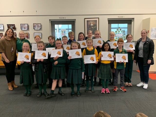 Trafalgar Lions Club public speaking competition organisers and winners (front) school organiser Emma Poore, grade 5/6 winner Liana Eerhard (Gr 5/6 winner) and grade 3/4 winner Jaylay Shields, (back) Lions Club representatives Pat Tatterson and Joanne with learning support officer Stacey Lia.