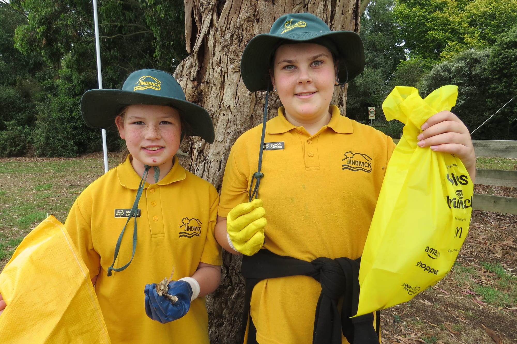 Jindivick Primary School captains Ruby Salmon and Mia Smart helped lead the school's clean-up day activities.