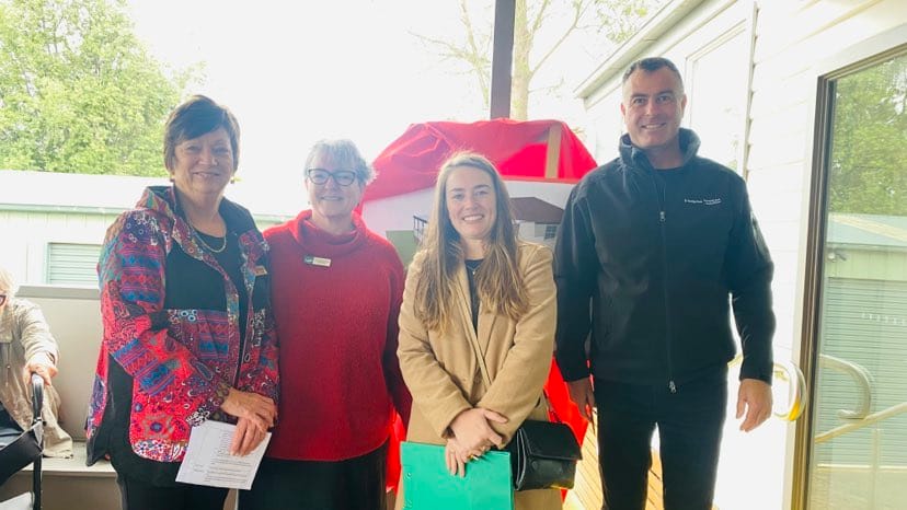 Celebrating the opening of a new deck at Warragul Community House were, from left, community house manager Rosemary Allica, Baw Baw Shire mayor Annemarie McCabe, committee chair Jessica O'Donnell and manager of Drouin and District Community Bendigo Bank Rob Hutchinson.