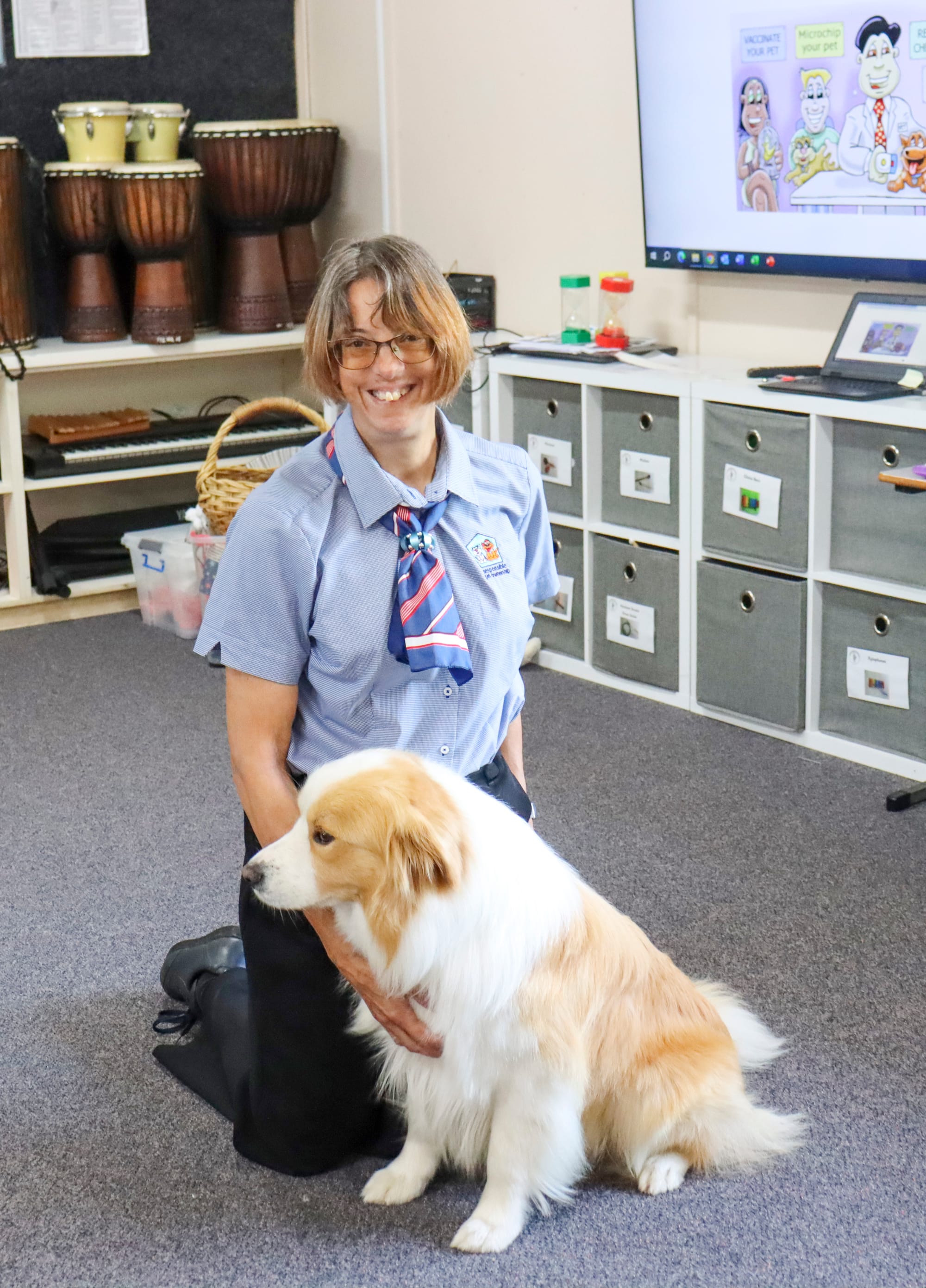 Responsible Pet Ownership Program Pet Educator Ruth Harvey, and Flayme the dog.