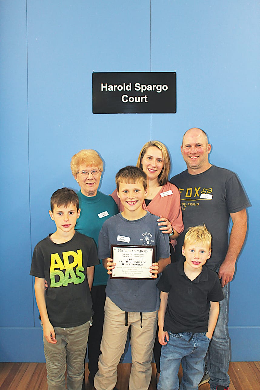 The Spargo family after the unveiling of the dedication to Harold Spargo. Back: Hazel Spargo, Melissa Spargo, Craig Spargo. Front: Eli Spargo, Brodie Spargo, Nate Spargo