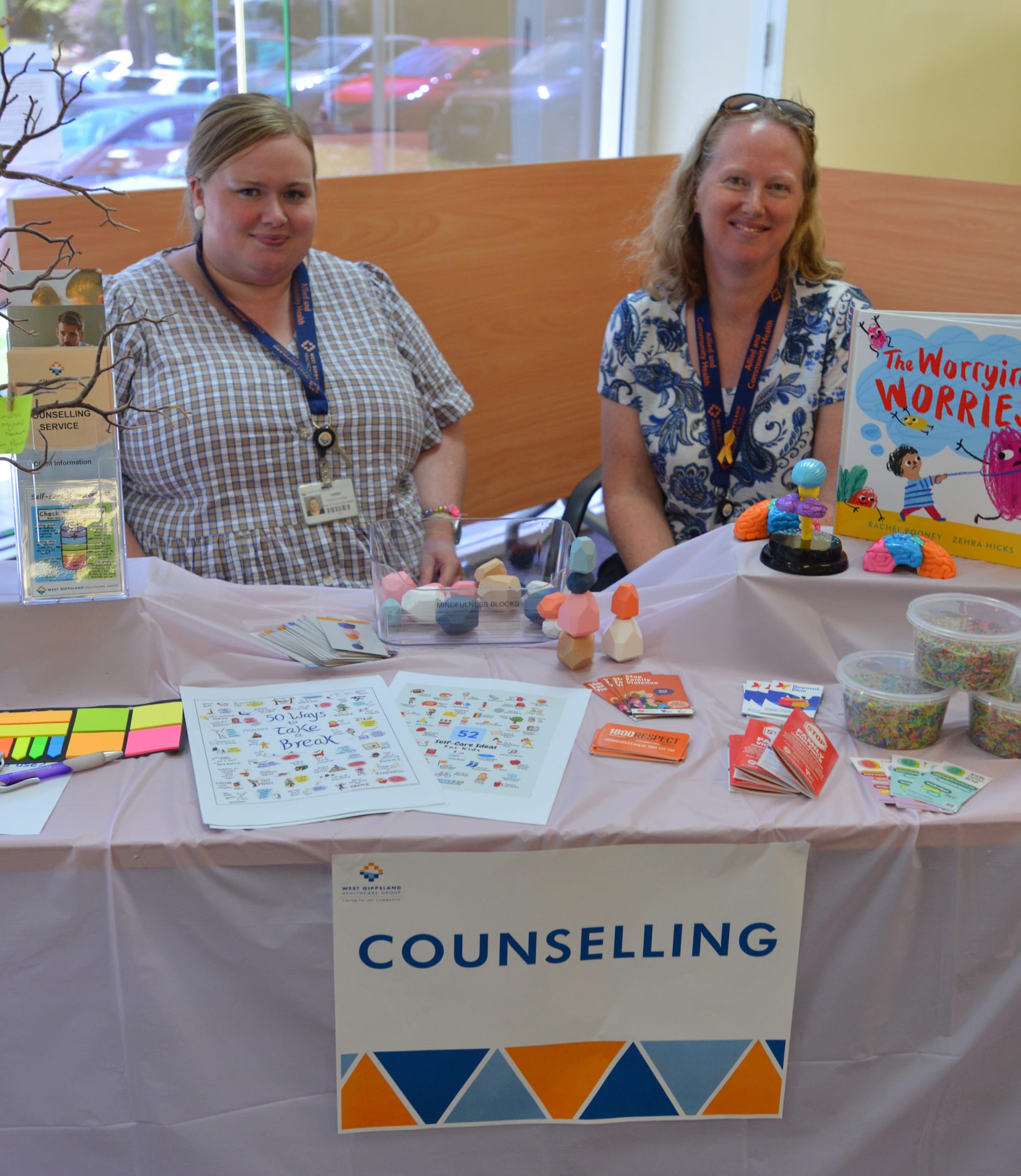 Providing information on local counselling services on offer at the community health open day are family counsellors Gabby Martin (left) and Karen Chandler.