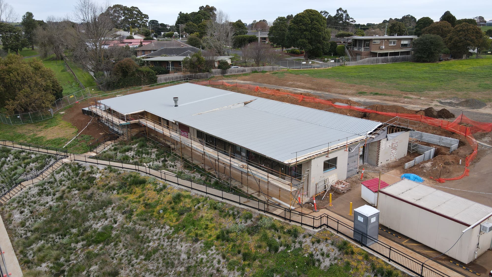 The frames and roof are completed as works progress on the $2.9 million soccer pavilion refurbishment at Baxter Park in Warragul.