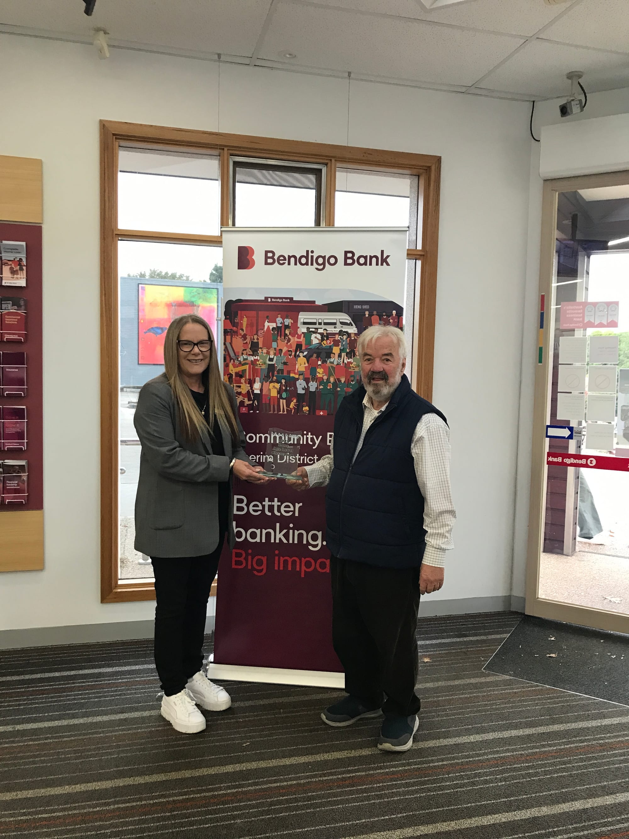 Bendigo Community Bank Neerim South manager Samantha Bullen and Vicspell's Trevor Sowdon. The bank are one of Vicspell's sponsors.