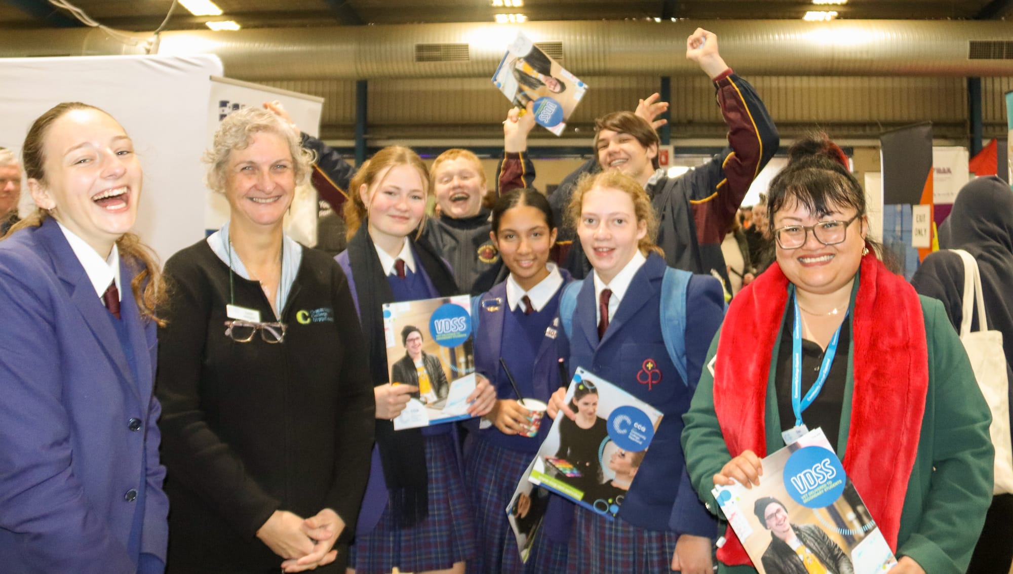 St Paul's year 9 students Courtney Leighton, Liana Reid, Finlay Stockil, Suhanna Harikrishna, Addison Tucker and Simon Connelly with Community College Gippsland staff Susan Morgan and Den Lim